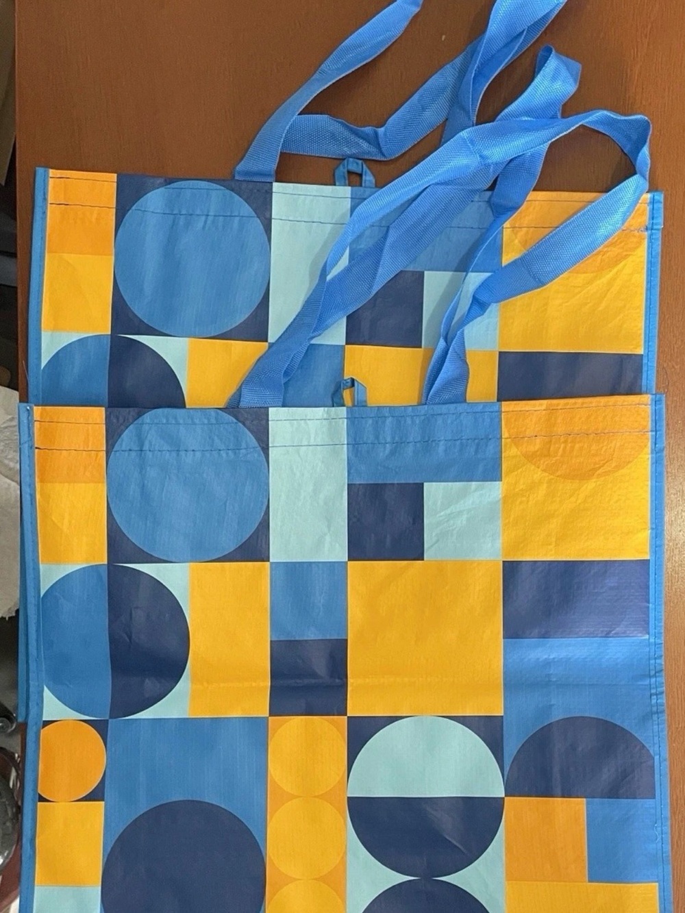 Walmart Large Shopping Bags Lot Of 6 Reusable Blue Yellow Geometric Design